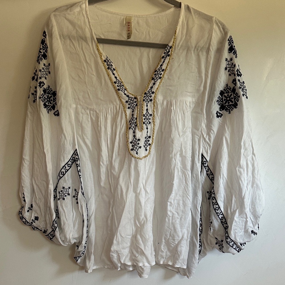 RAGA White Blouse with Black Embroidery
